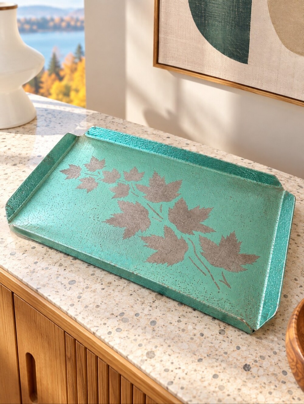 1950s T.E. Wright Alcan Kingston Handmade Anodized Aluminum Maple Leaf Tray
